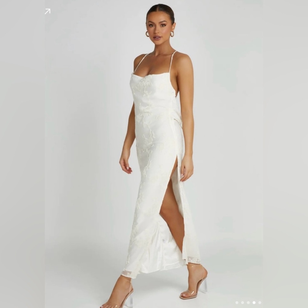 Meshki White Velvet Lace Spaghetti Strap Dres